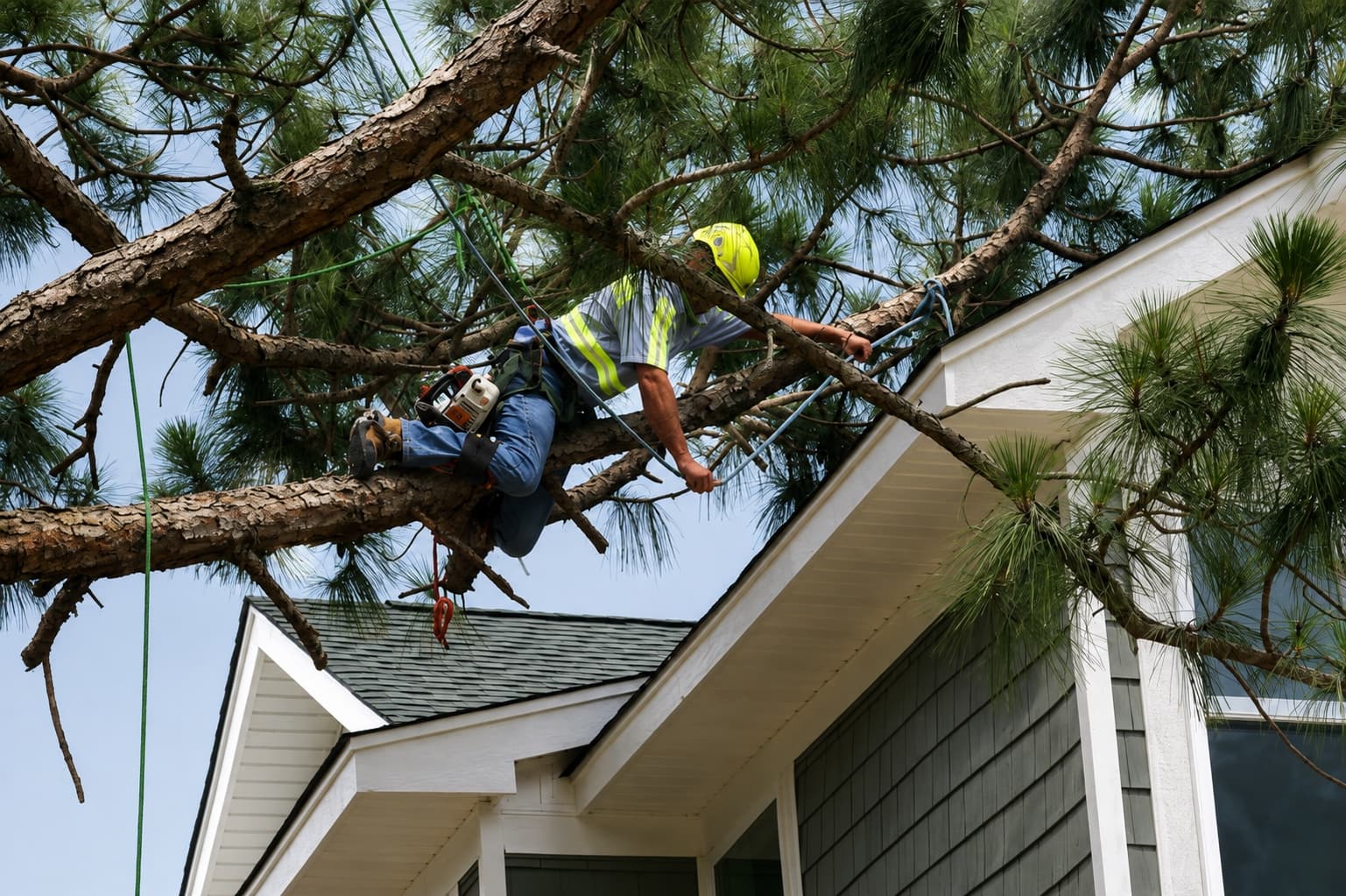 Advanced Tree arborist evaluating and working in a pine above a coastal home